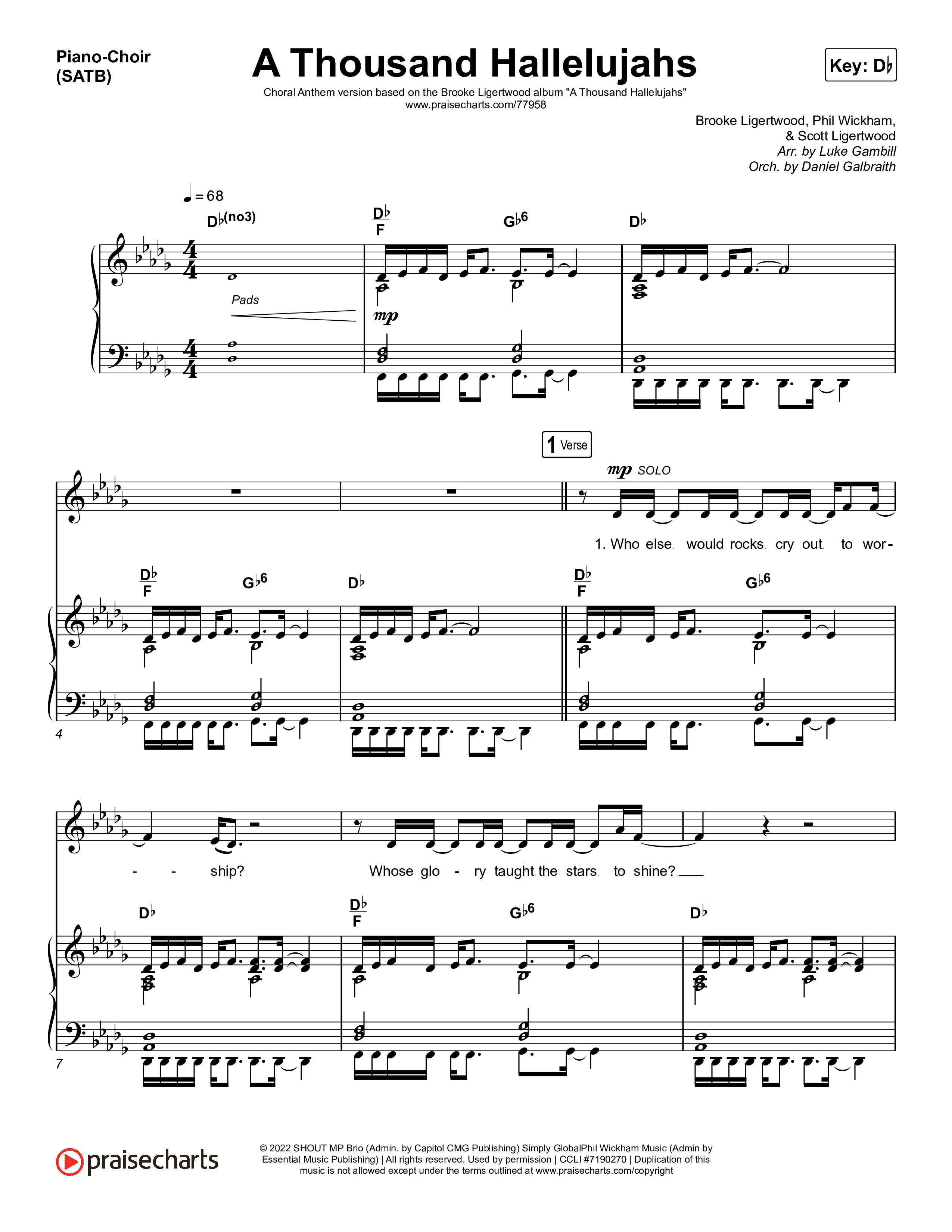 A Thousand Hallelujahs (Choral Anthem SATB) Piano/Vocal (SATB) (Brooke Ligertwood / Arr. Luke Gambill)
