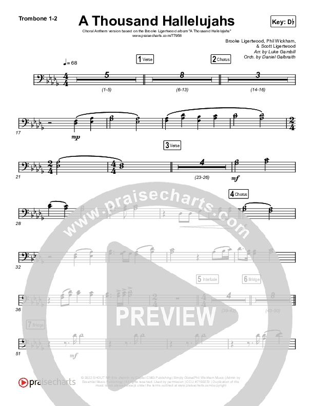 A Thousand Hallelujahs (Choral Anthem SATB) Trombone 1/2 (Brooke Ligertwood / Arr. Luke Gambill)