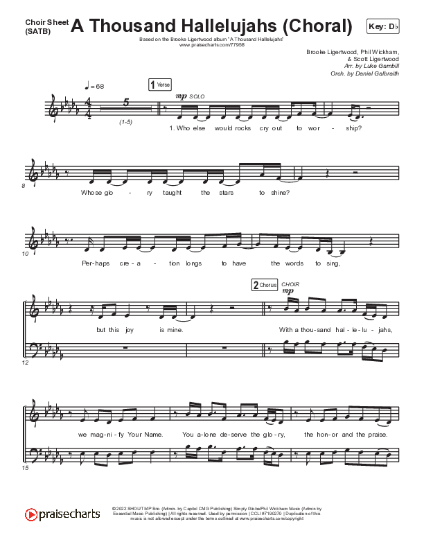 A Thousand Hallelujahs (Choral Anthem SATB) Choir Sheet (SATB) (Brooke Ligertwood / Arr. Luke Gambill)