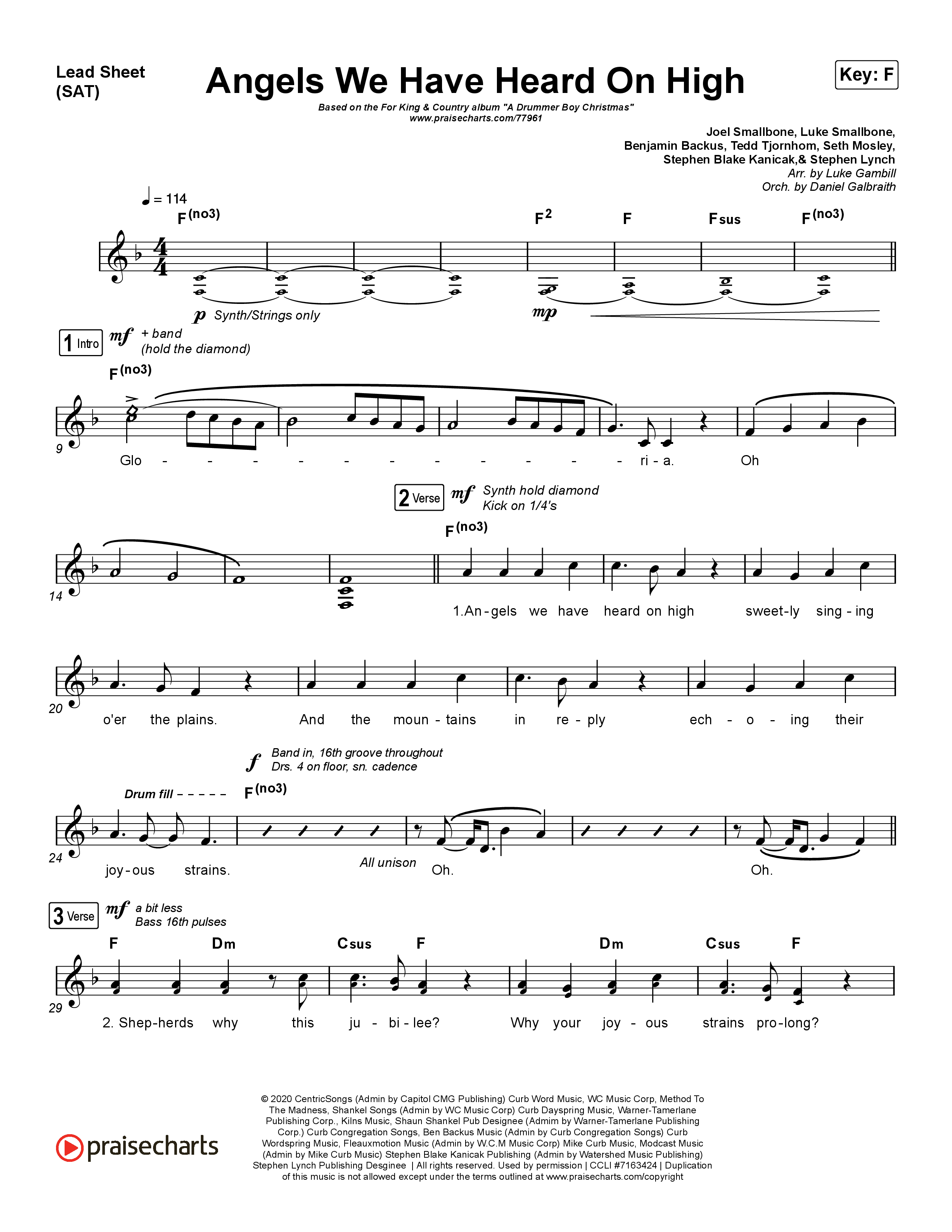 Angels We Have Heard On High (Choral Anthem SATB) Lead Sheet (SAT) (Arr. Luke Gambill / for KING & COUNTRY)