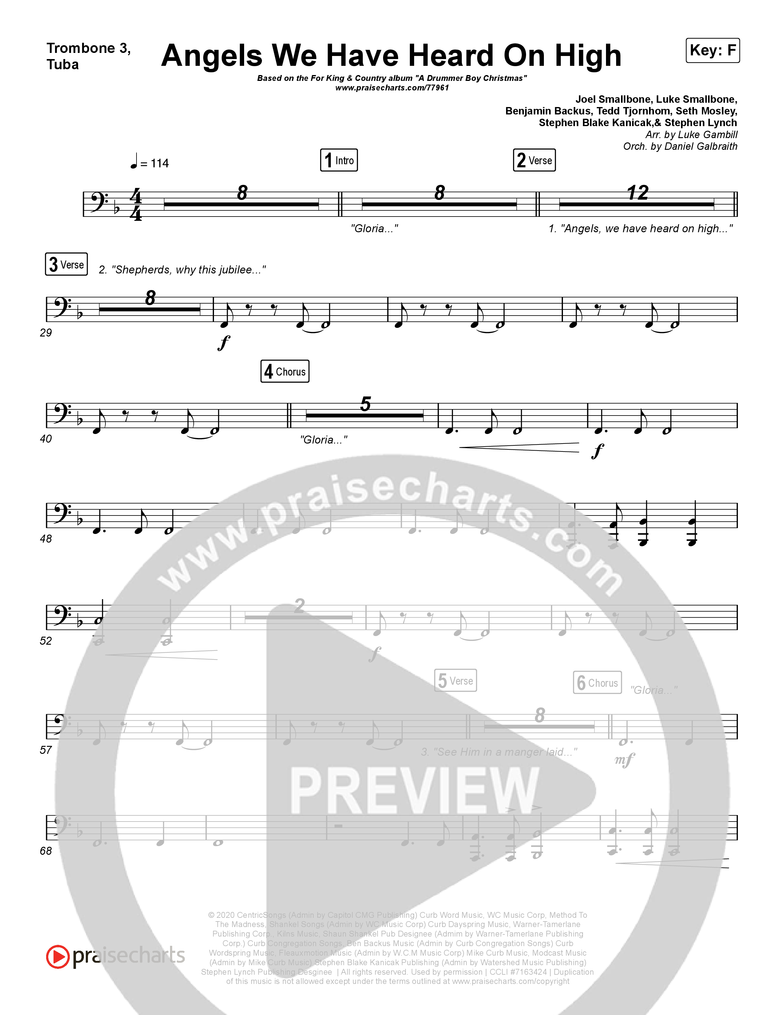 Angels We Have Heard On High (Choral Anthem SATB) Trombone 3/Tuba (Arr. Luke Gambill / for KING & COUNTRY)