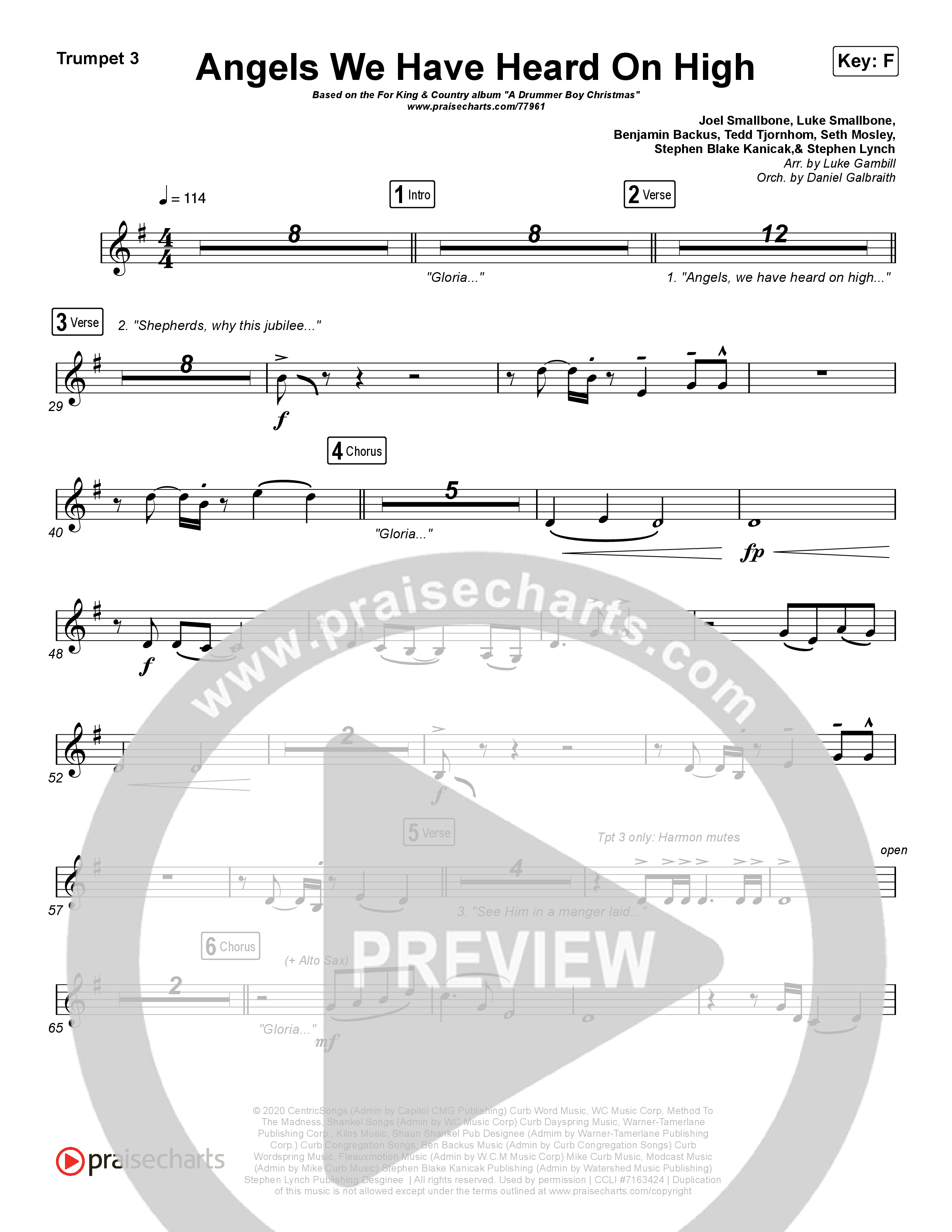 Angels We Have Heard On High (Choral Anthem SATB) Trumpet 3 (Arr. Luke Gambill / for KING & COUNTRY)