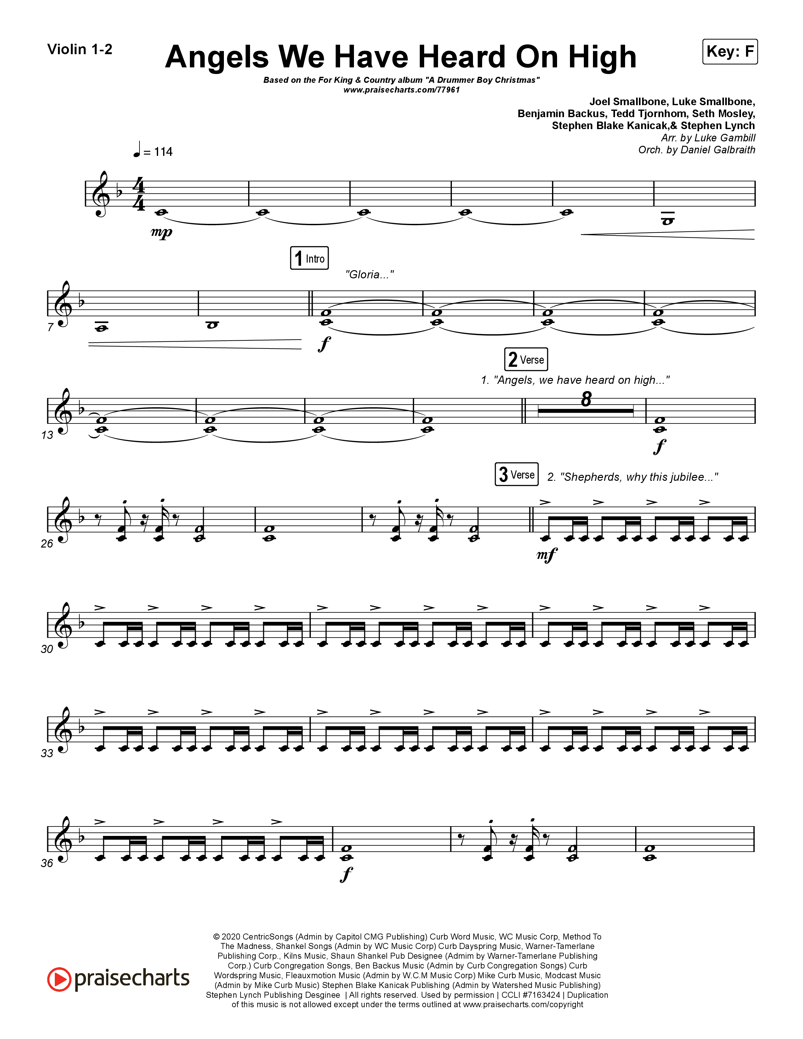 Angels We Have Heard On High (Choral Anthem SATB) Violin 1/2 (Arr. Luke Gambill / for KING & COUNTRY)