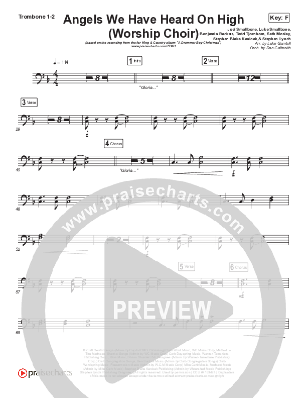 Angels We Have Heard On High (Choral Anthem SATB) Trombone 1/2 (Arr. Luke Gambill / for KING & COUNTRY)