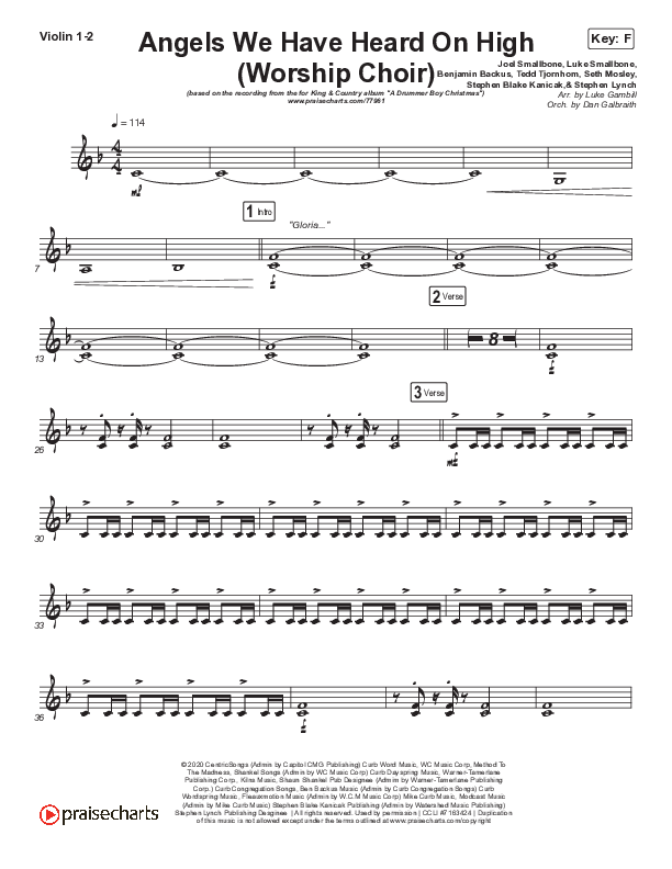 Angels We Have Heard On High (Choral Anthem SATB) Violin 1/2 (Arr. Luke Gambill / for KING & COUNTRY)