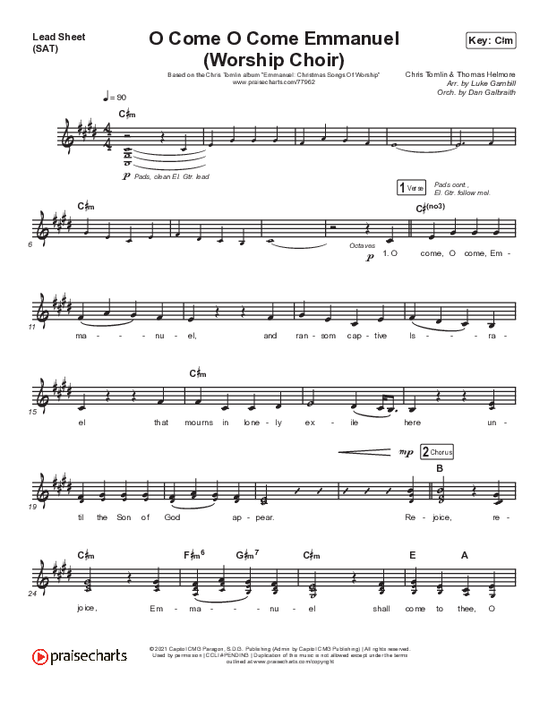O Come O Come Emmanuel (Choral Anthem SATB) Lead Sheet (SAT) (Chris Tomlin / Arr. Luke Gambill)
