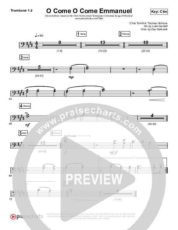 O Come O Come Emmanuel (Choral Anthem SATB) Trombone 1/2 (Chris Tomlin / Arr. Luke Gambill)