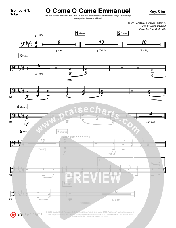 O Come O Come Emmanuel (Choral Anthem SATB) Trombone 3/Tuba (Chris Tomlin / Arr. Luke Gambill)