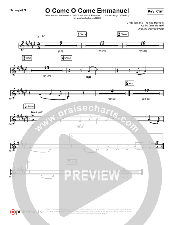 O Come O Come Emmanuel (Choral Anthem SATB) Trumpet 3 (Chris Tomlin / Arr. Luke Gambill)