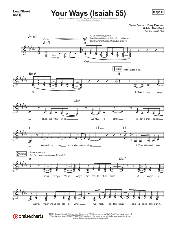 Your Ways (Isaiah 55) Lead Sheet (SAT) (Shane & Shane / Kingdom Kids)