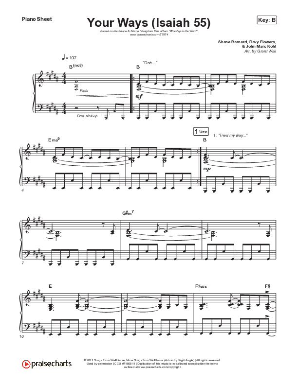 Your Ways (Isaiah 55) Piano Sheet (Shane & Shane / Kingdom Kids)