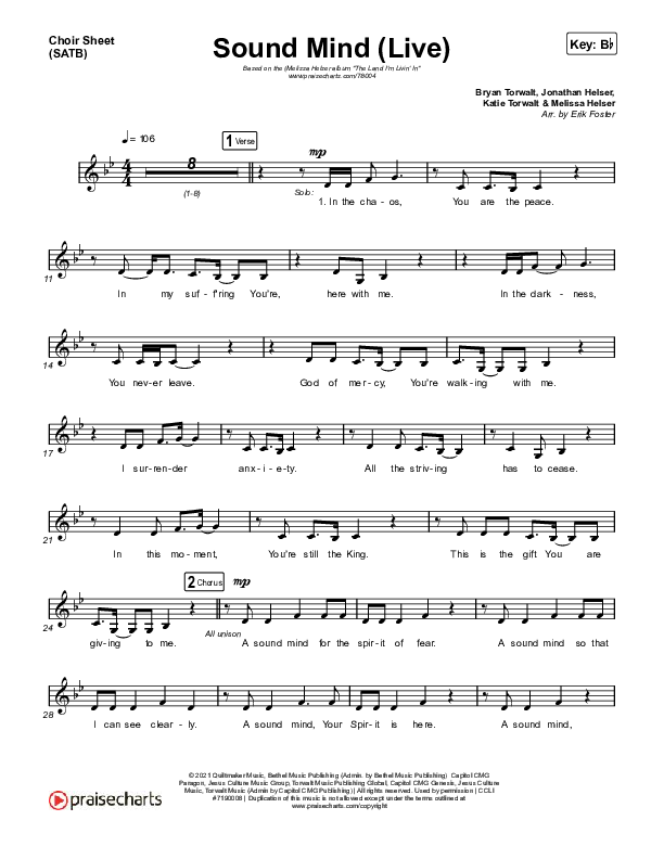 Sound Mind (Live) Choir Sheet (SATB) (Jonathan David Helser / Melissa Helser)