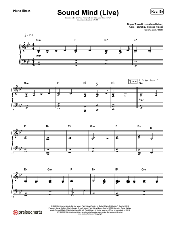Sound Mind (Live) Piano Sheet (Jonathan David Helser / Melissa Helser)