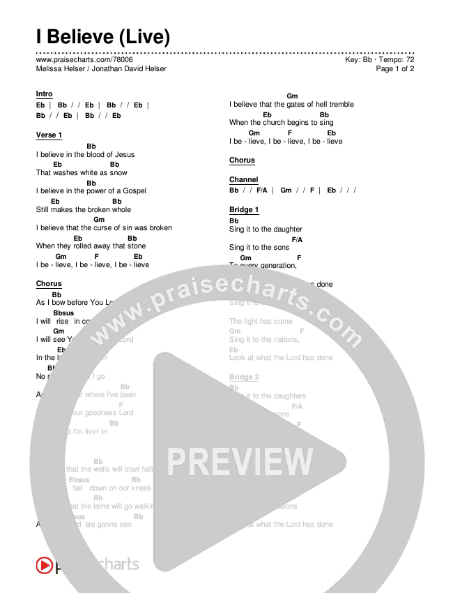 I Believe (Live) Chords & Lyrics (Jonathan David Helser / Melissa Helser)
