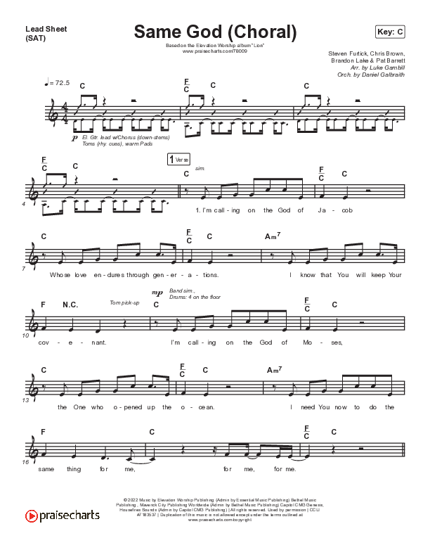 Same God (Choral Anthem SATB) Lead Sheet (SAT) (Elevation Worship / Jonsal Barrientes / Arr. Luke Gambill)