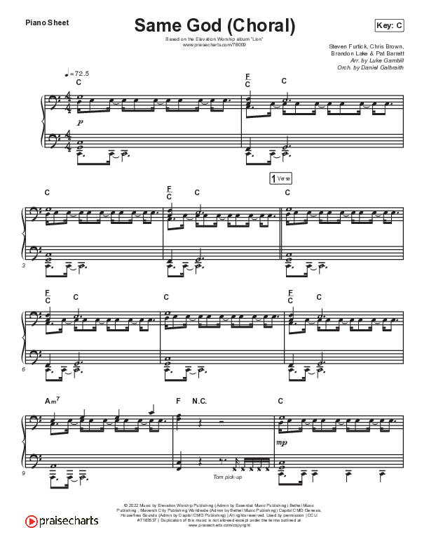 Same God (Choral Anthem SATB) Piano Sheet (Elevation Worship / Jonsal Barrientes / Arr. Luke Gambill)