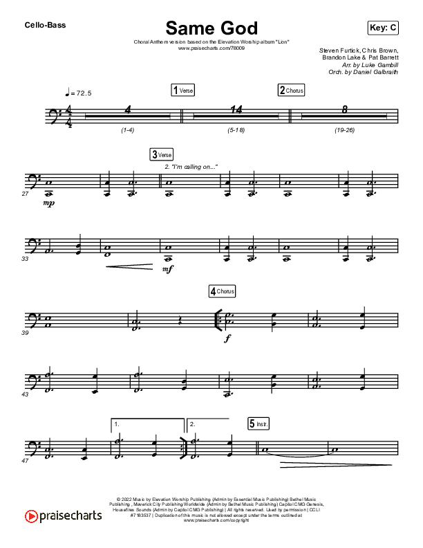 Same God (Choral Anthem SATB) Cello/Bass (Elevation Worship / Jonsal Barrientes / Arr. Luke Gambill)