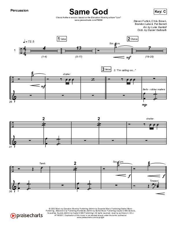 Same God (Choral Anthem SATB) Percussion (Elevation Worship / Jonsal Barrientes / Arr. Luke Gambill)