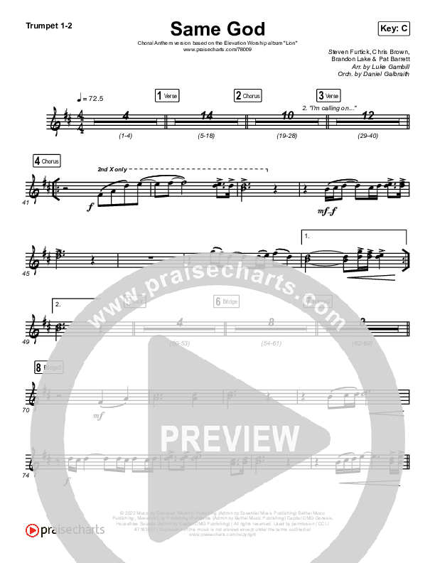 Same God (Choral Anthem SATB) Trumpet 1,2 (Elevation Worship / Jonsal Barrientes / Arr. Luke Gambill)