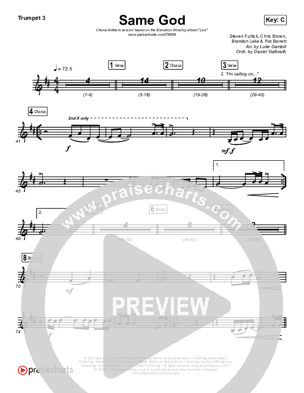Same God (Choral Anthem SATB) Trumpet 3 (Elevation Worship / Jonsal Barrientes / Arr. Luke Gambill)