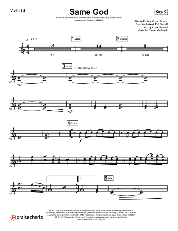 Same God (Choral Anthem SATB) Violin 1/2 (Elevation Worship / Jonsal Barrientes / Arr. Luke Gambill)