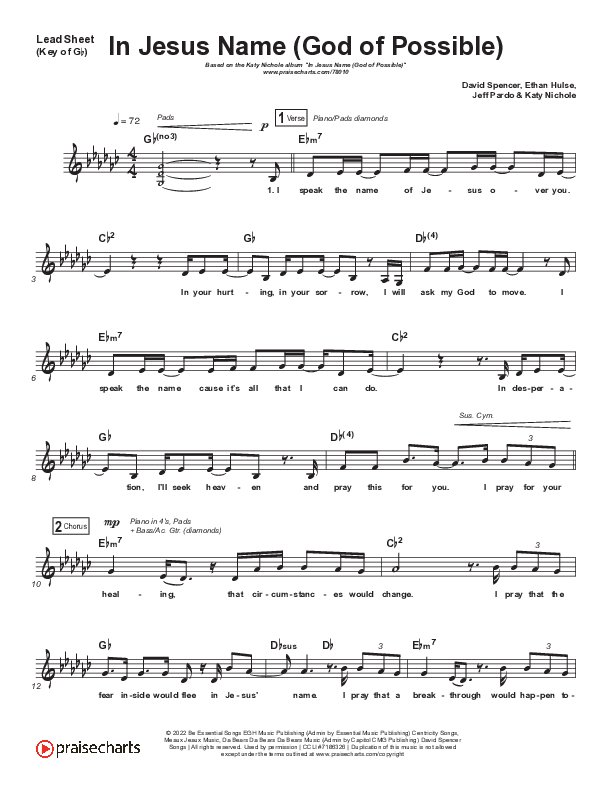 In Jesus Name (God Of Possible) Lead Sheet (Melody) (Katy Nichole)