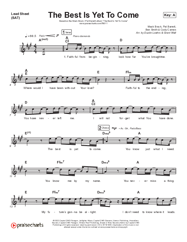 The Best Is Yet To Come Lead Sheet (SAT) (Mack Brock / Pat Barrett)