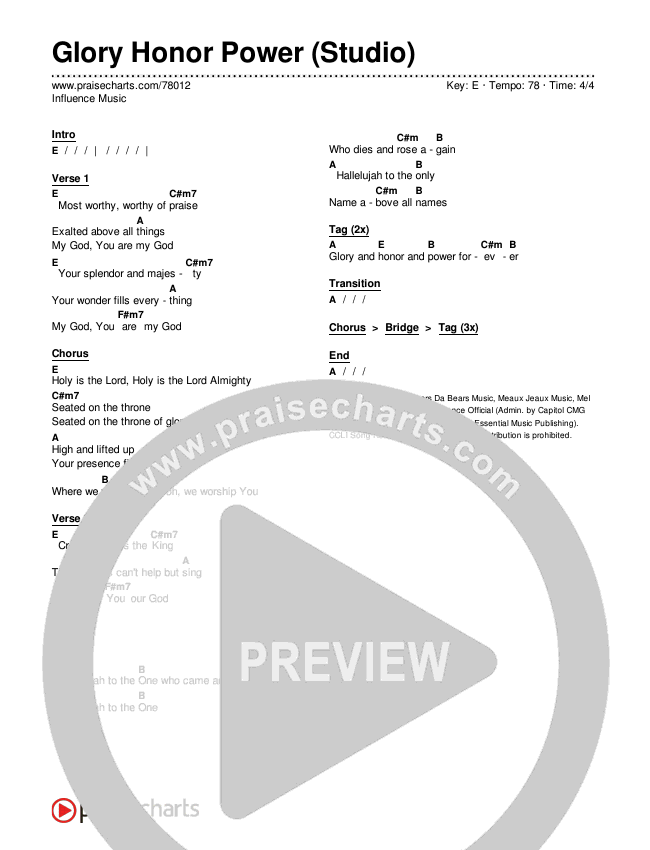 Glory Honor Power (Studio) Chords & Lyrics (Influence Music)
