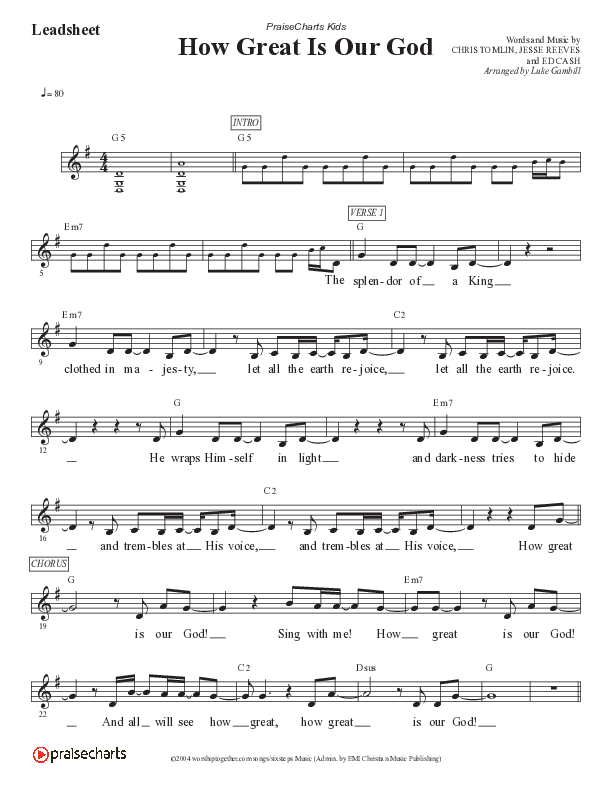 How Great Is Our God (Kids) Lead Sheet (Melody) (PraiseCharts Kids / Arr. Luke Gambill)