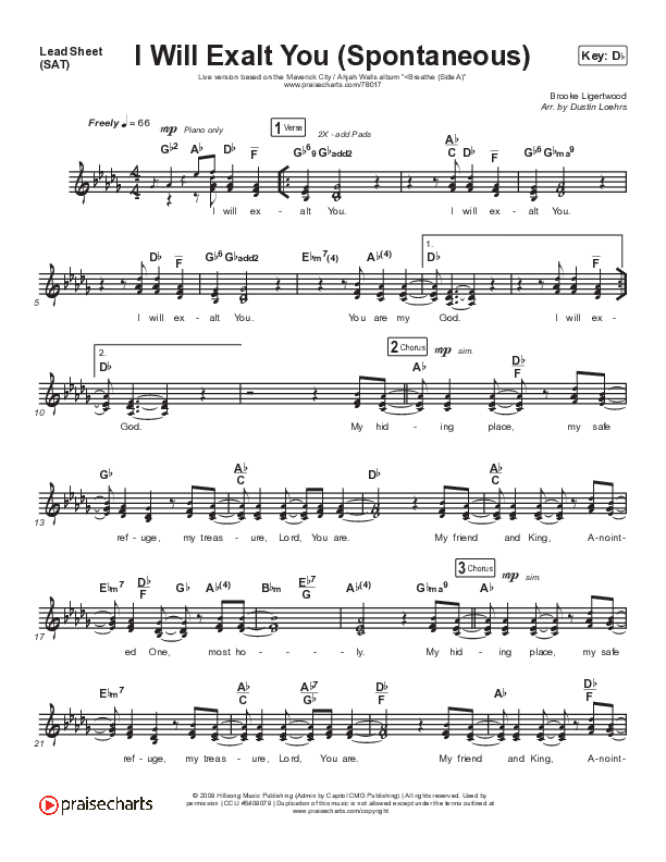 I Will Exalt You (Spontaneous) (Live) Lead Sheet (SAT) (Maverick City Music / Ahjah Walls)