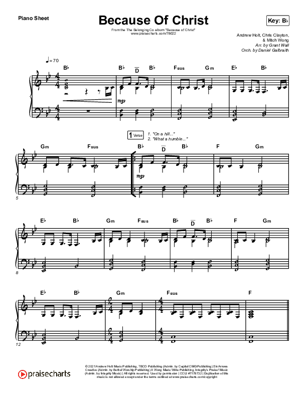 Because Of Christ (Live) Piano Sheet (The Belonging Co)