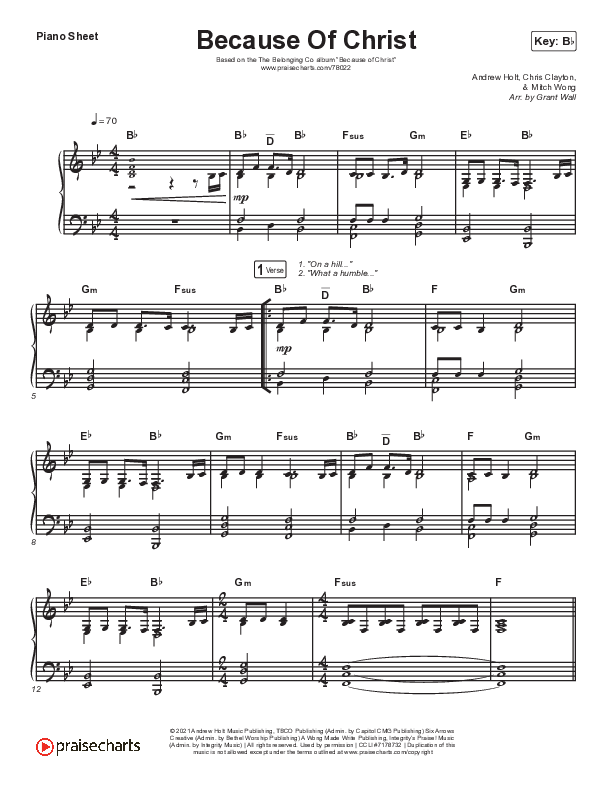 Because Of Christ (Live) Piano Sheet (The Belonging Co)