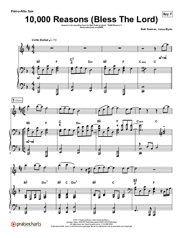 10,000 Reasons (Bless The Lord) (Instrument Solo) Alto Sax & Piano (Matt Redman / Passion)