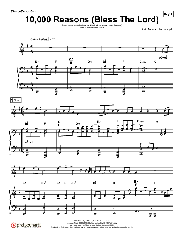10,000 Reasons (Bless The Lord) (Instrument Solo) Tenor Sax & Piano (Matt Redman / Passion)