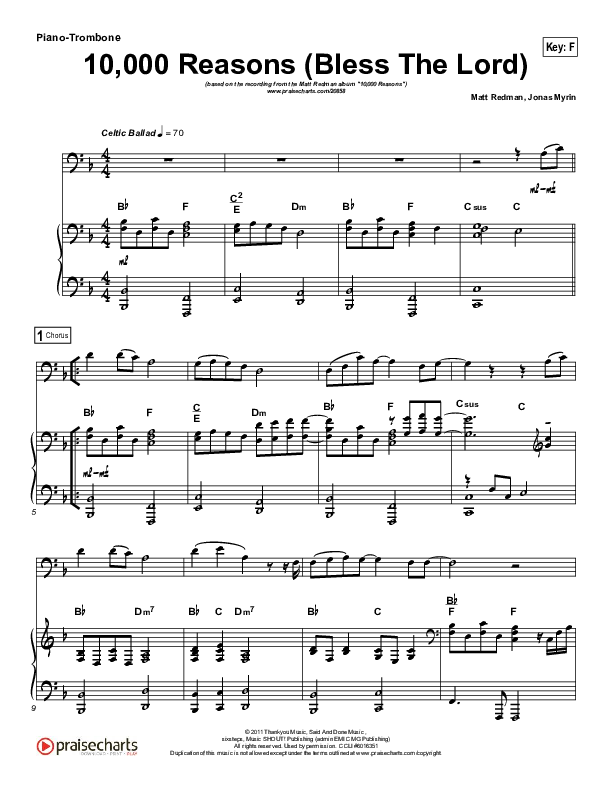 10,000 Reasons (Bless The Lord) (Instrument Solo) Piano/Trombone (Matt Redman / Passion)