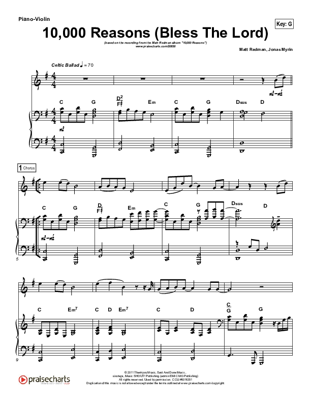 10,000 Reasons (Bless The Lord) (Instrument Solo) Violin & Piano (Matt Redman / Passion)