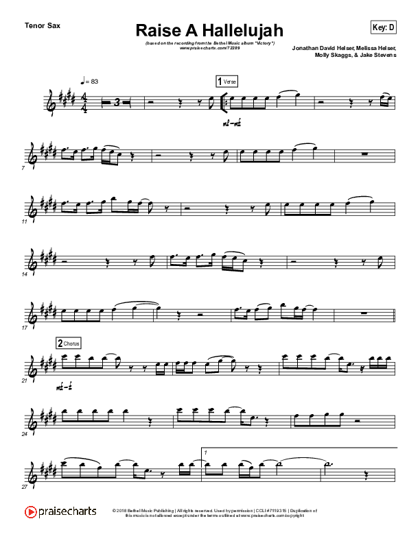 Raise A Hallelujah (Instrument Solo) Tenor Sax Solo (Bethel Music / Melissa Helser / Jonathan David Helser)