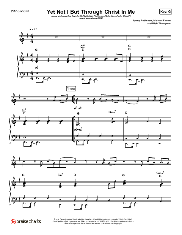 Yet Not I But Through Christ In Me (Instrument Solo) Violin & Piano (CityAlight)