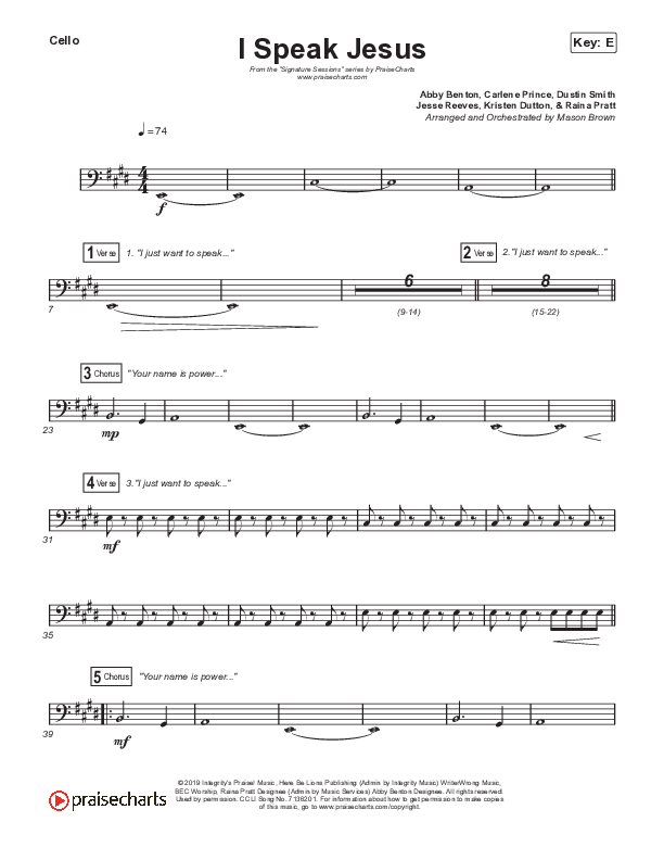 I Speak Jesus (Choral Anthem SATB) Cello (Signature Sessions / Shylo Sharity / Arr. Mason Brown / Northside Baptist Choir)