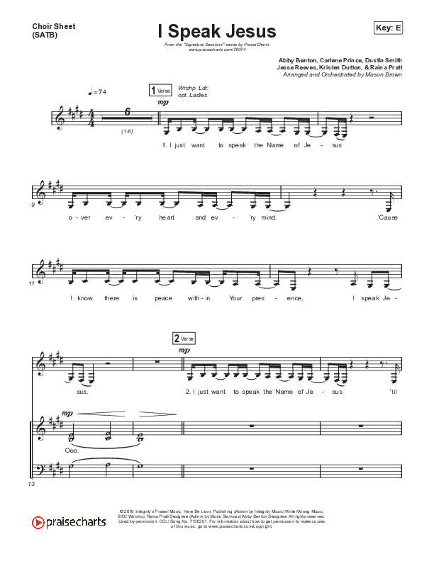 I Speak Jesus (Choral Anthem SATB) Choir Sheet (SATB) (Signature Sessions / Shylo Sharity / Arr. Mason Brown / Northside Baptist Choir)