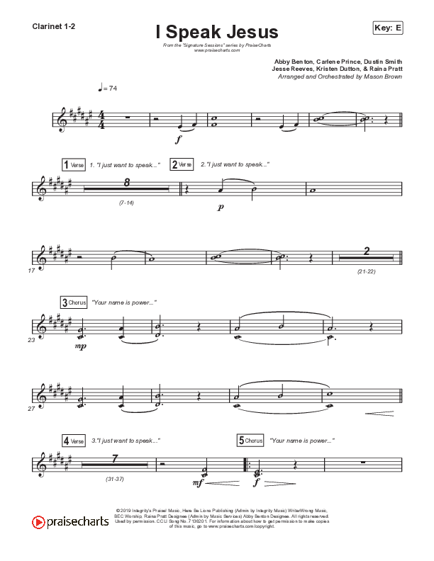 I Speak Jesus (Choral Anthem SATB) Clarinet 1/2 (Signature Sessions / Shylo Sharity / Arr. Mason Brown / Northside Baptist Choir)
