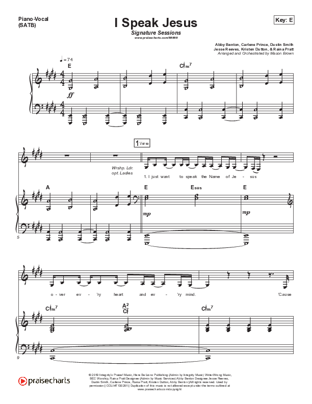 I Speak Jesus (Choral Anthem SATB) Piano/Vocal (SATB) (Signature Sessions / Shylo Sharity / Arr. Mason Brown / Northside Baptist Choir)