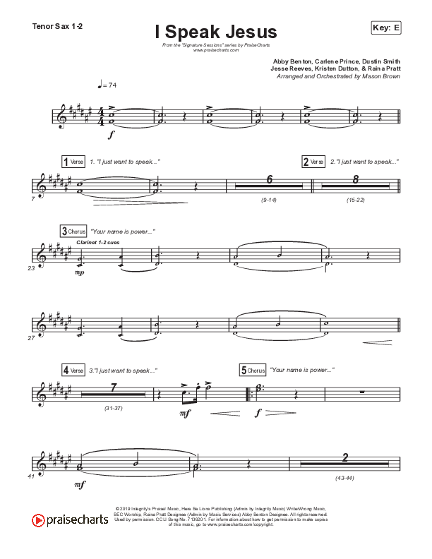 I Speak Jesus (Choral Anthem SATB) Tenor Sax 1,2 (Signature Sessions / Shylo Sharity / Arr. Mason Brown / Northside Baptist Choir)