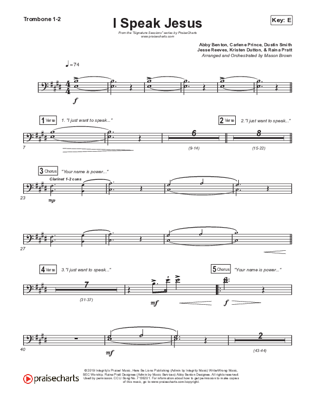 I Speak Jesus (Choral Anthem SATB) Trombone 1/2 (Signature Sessions / Shylo Sharity / Arr. Mason Brown / Northside Baptist Choir)
