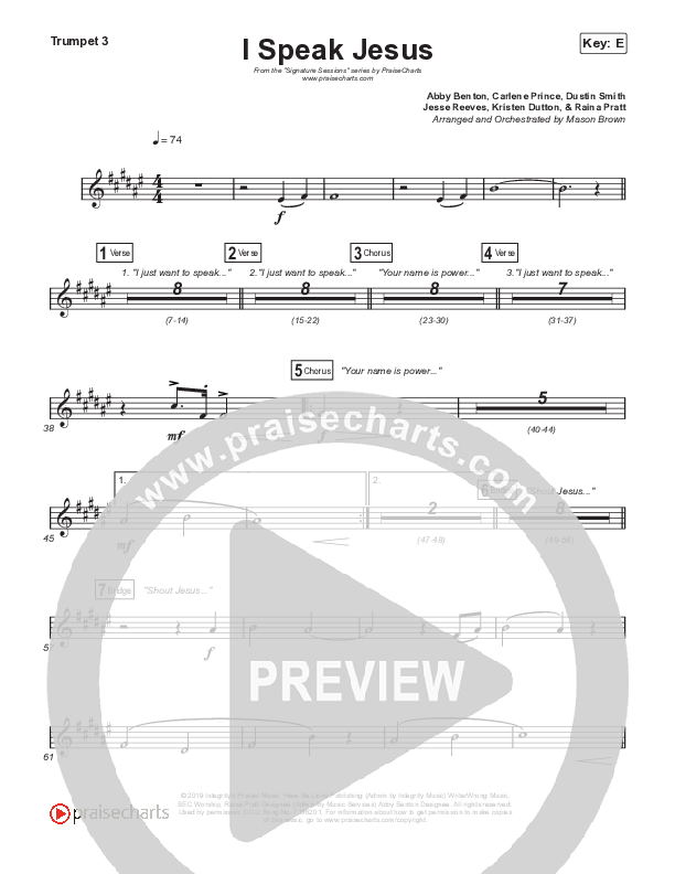 I Speak Jesus (Choral Anthem SATB) Trumpet 1,2 (Signature Sessions / Shylo Sharity / Arr. Mason Brown / Northside Baptist Choir)
