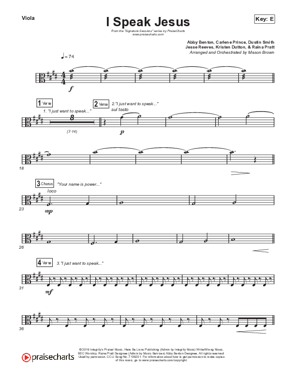 I Speak Jesus (Choral Anthem SATB) Viola (Signature Sessions / Shylo Sharity / Arr. Mason Brown / Northside Baptist Choir)