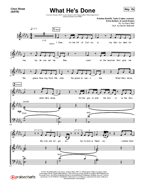 What He's Done (Live From Passion 2022) Choir Sheet (SATB) (Passion / Kristian Stanfill / Anna Golden / Tasha Cobbs Leonard)