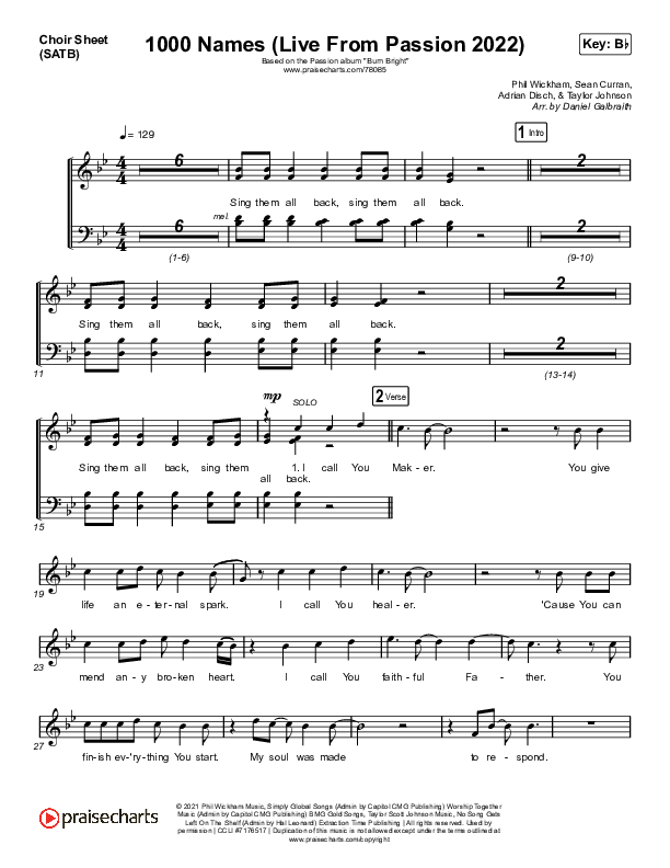 1000 Names (Live From Passion 2022) Choir Sheet (SATB) (Print Only) (Passion / Sean Curran)