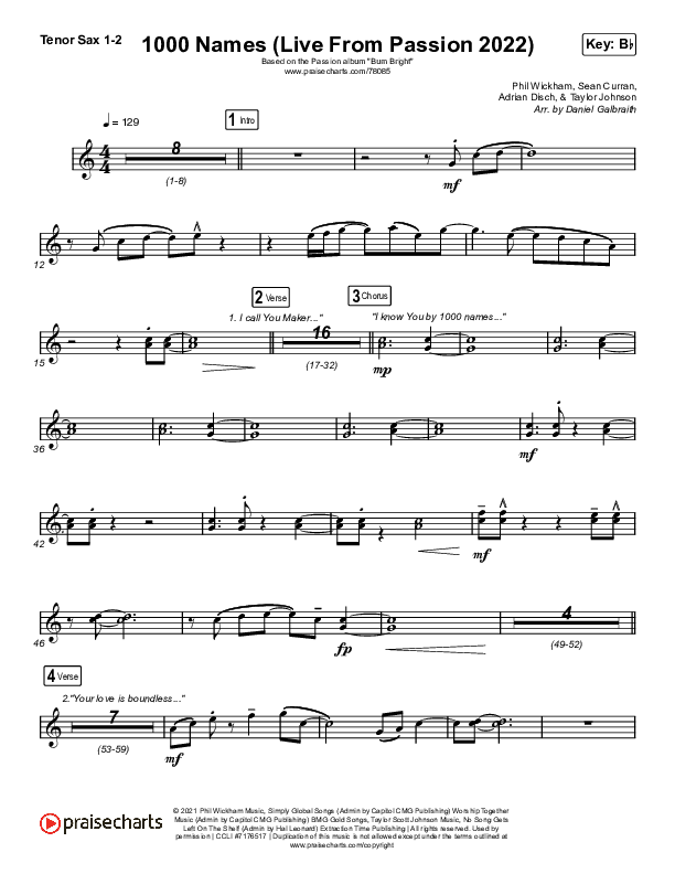 1000 Names (Live From Passion 2022) Tenor Sax 1/2 (Passion / Sean Curran)
