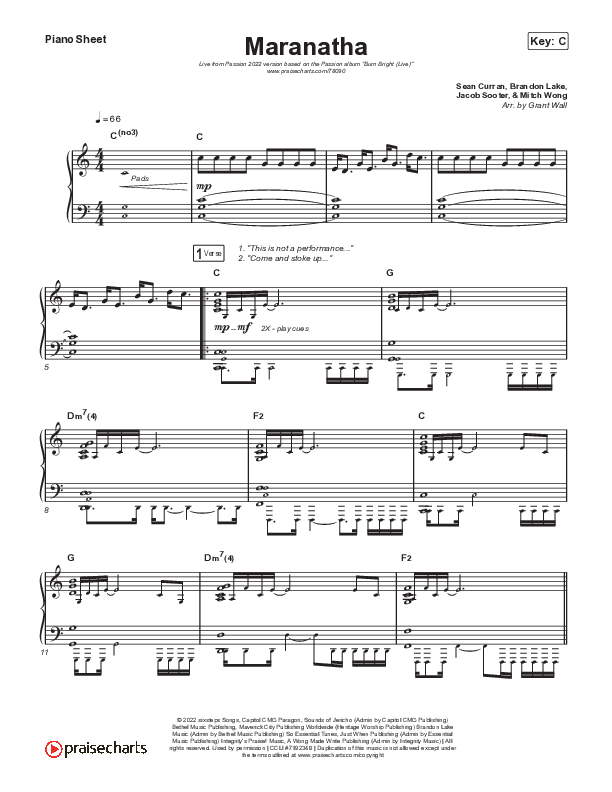 Maranatha (Live From Passion 2022) Piano Sheet (Passion / Sean Curran)